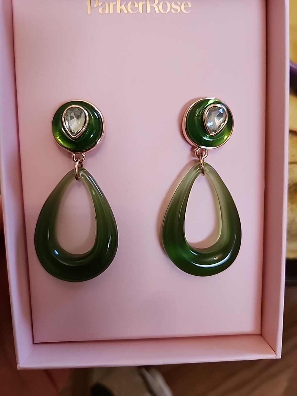 Parker Olive Green Teardrop Resin Earrings with Crystal Accent. NEW